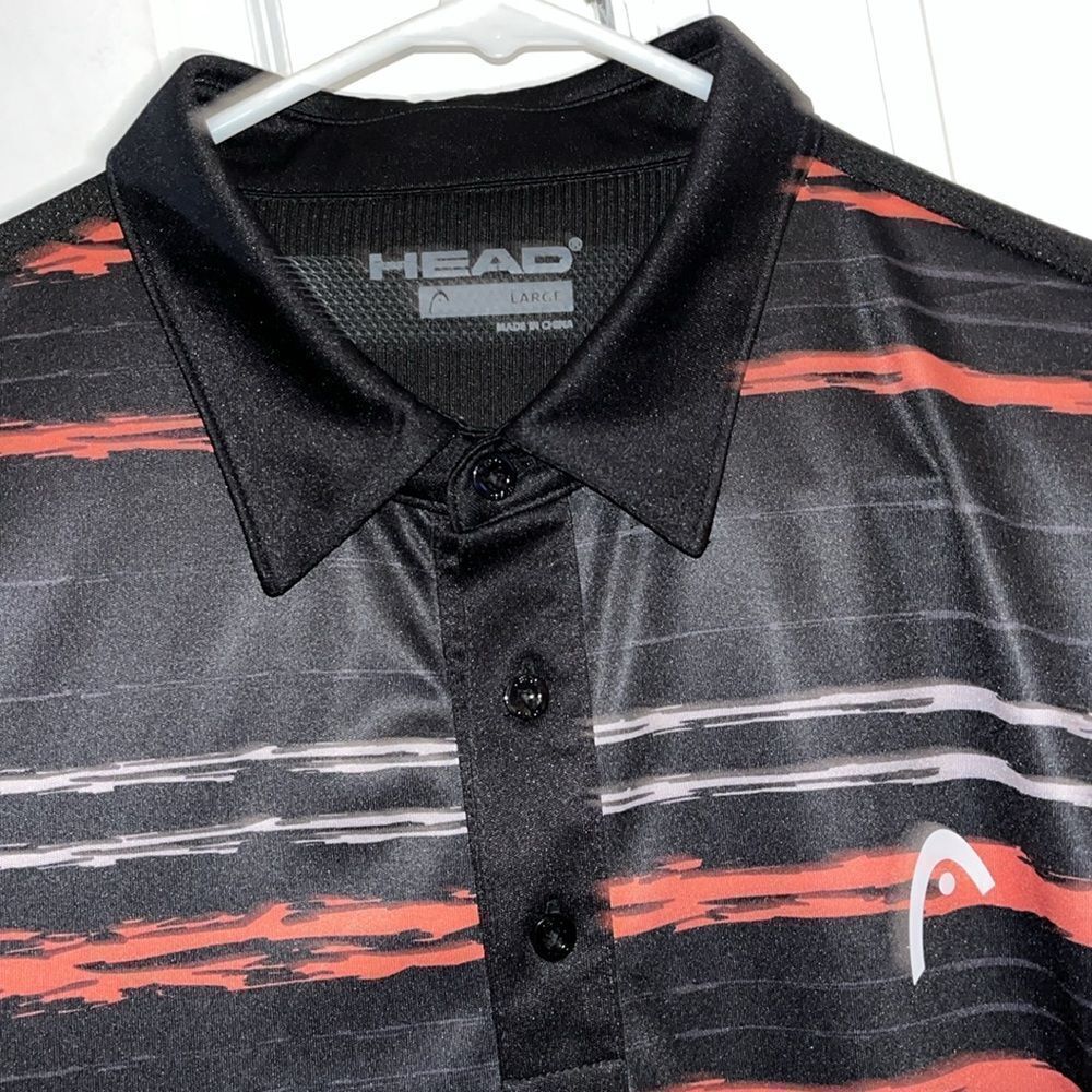 Black Head Orange Stripe Slim Fit tennis racquet player Polo Shirt L mens
